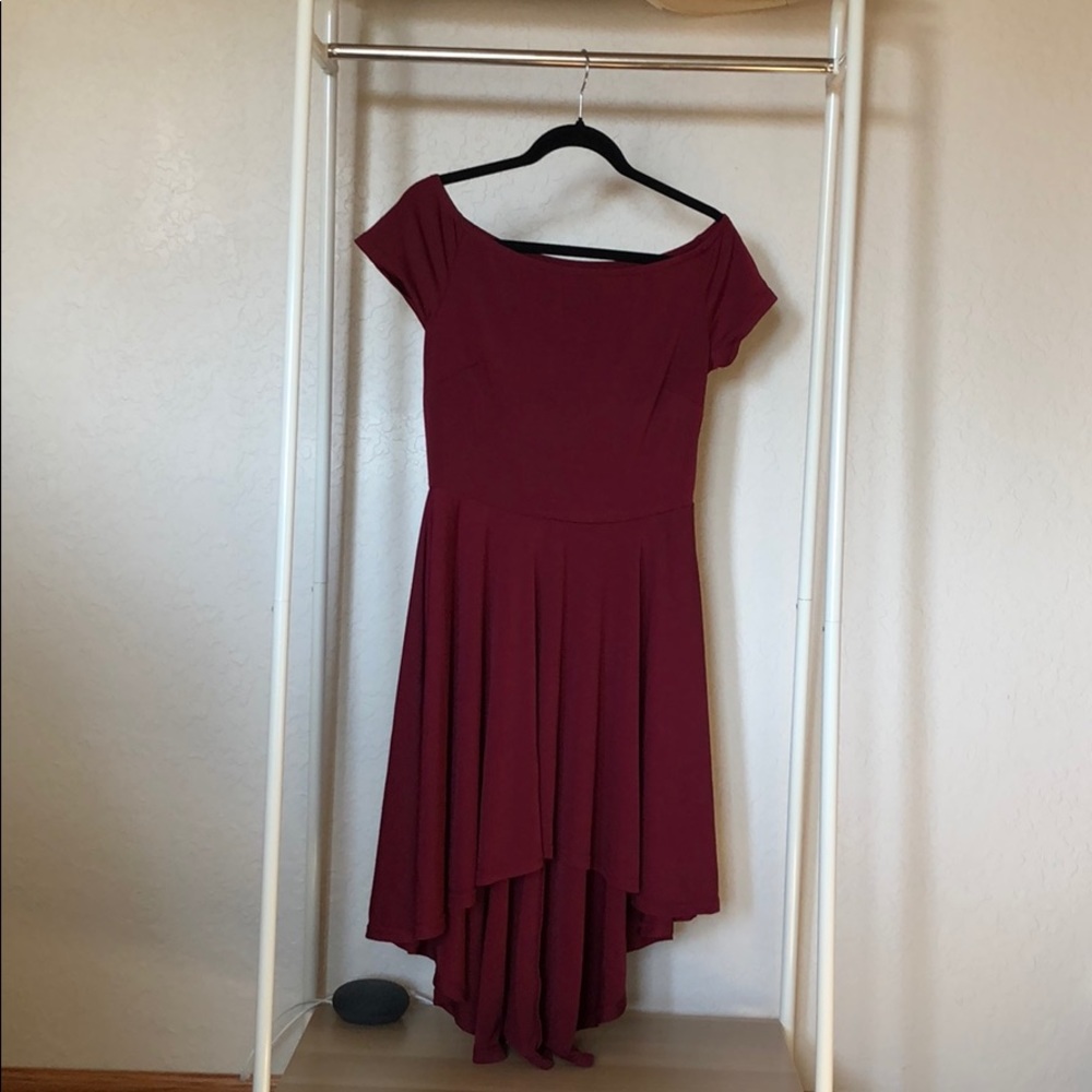 Burgundy High Low Off the Shoulder Dress